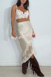 Rolen Satin Lace Patchwork Elastic Waist Irregular Hem Midi Skirt