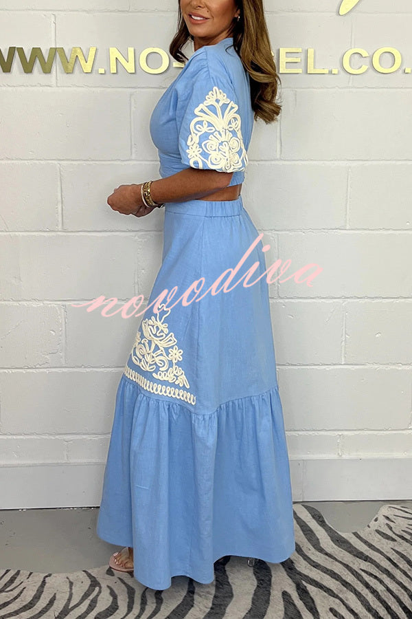 Stylish V-neck Puff-sleeved Crop Top and Elastic Waist Paneled Maxi Skirt Set