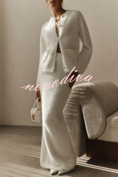 Solid Color Long-sleeved Button-pocket Knitted Jacket and Elegant Long Skirt Set