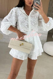 Unique Lace Texture Fabric Balloon Sleeve Blouse and Elastic Waist Layered Skirt Set