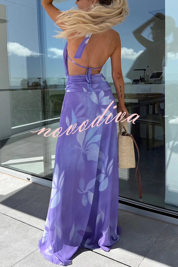 Sexy Sleeveless Backless Halter Neck Lace Up Maxi Dress