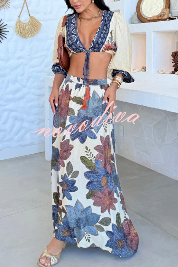 Unique Printed V-Neck Tie Cropped Top and Elastic Waist Casual Maxi Skirt Set