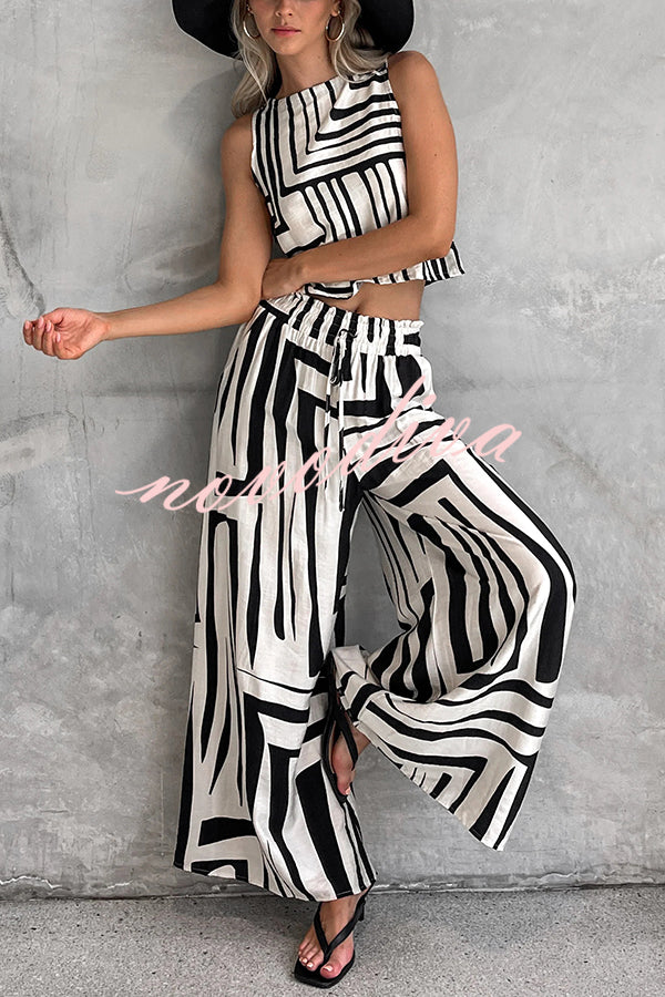 Striped Printed Sleeveless Casual Top and Elastic Waist Loose Pocket Wide-leg Pants Set