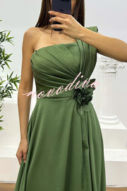 Nasha Satin Pleated One Shoulder Petal Gemstone Detail Pocket Slit Maxi Dress
