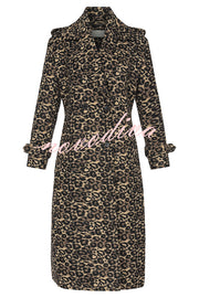 Leopard Affair Animal Print Epaulettes Long Sleeve Pocketed Lapel Midi Trench Coat