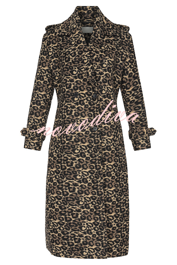 Leopard Affair Animal Print Epaulettes Long Sleeve Pocketed Lapel Midi Trench Coat