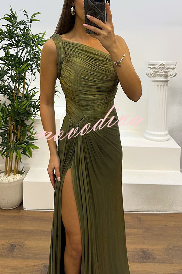 Fashion One-shoulder Pleated Ribbon Slim Slit Maxi Dress