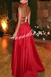 Festive Red Satin Floral Details Open Back Halter Elastic Waist Maxi Dress