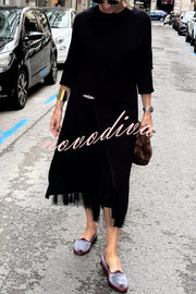 Jollie Knit Long Sleeve Front Slit Midi Sweater and Pleated Tulle Stretch Tank Midi Dress Two-piece Set