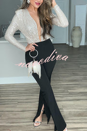 Alora Sequin Wrap Front Plunge Neck Long Sleeve Bodysuit