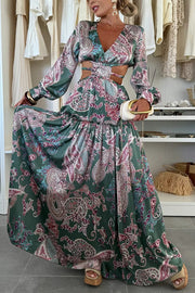 Gabbie Satin Paisley Print Cutout Elastic Waist Long Sleeve Full Hem Maxi Dress