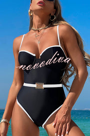 Fashionable Contrast-color Overlock Stretch One-piece Swimsuit