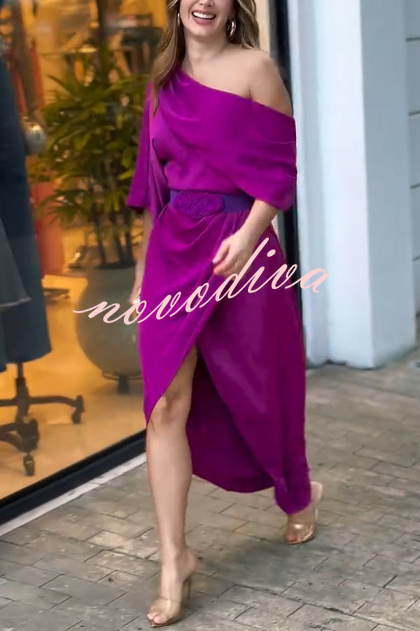 Whispered Yes Satin Irregular Lapel Neckline Design Ruched Maxi Dress