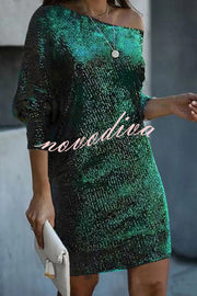 Solid Sequined Off-shoulder Loose Mini Dress