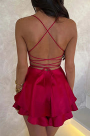 Ruffled Elegant Satin Strappy Satin Backless Lace Up Mini Dress