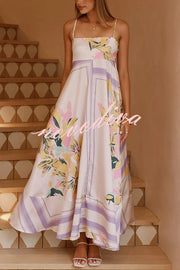 Botanical Print Square Neck Suspender Casual Full Hem Maxi Dress