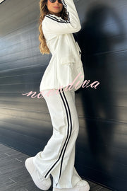 Sporty Mixed Formal Striped Trim Lapel Blazer and Elastic Waist Pocket Loose Pants Set