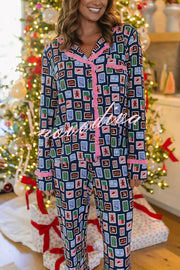 Postcards To Santa Unique Print Ruffles Trim Pocket Shirt and Elastic Waist Pajama Set