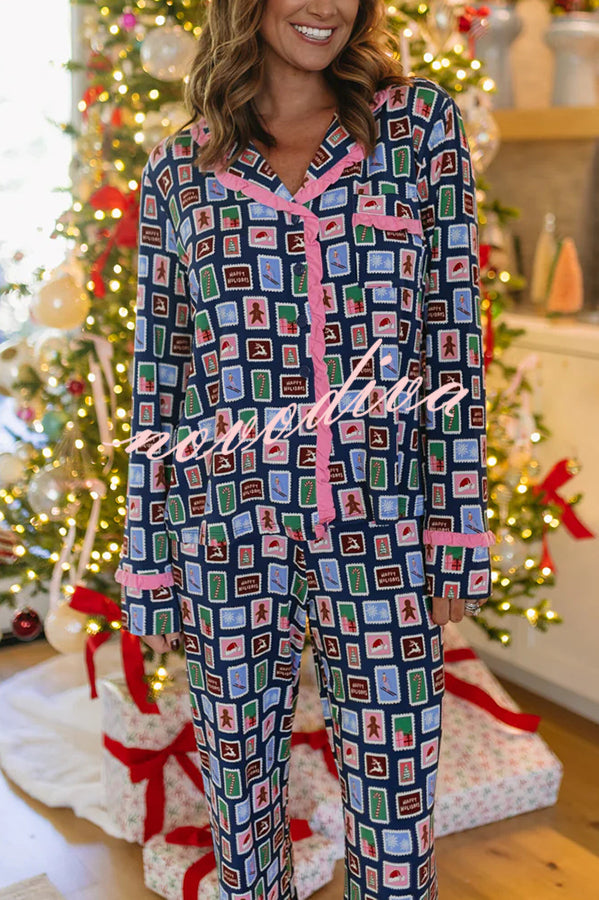 Postcards To Santa Unique Print Ruffles Trim Pocket Shirt and Elastic Waist Pajama Set
