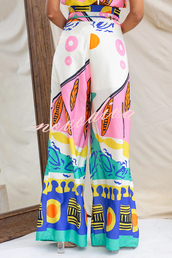 Maison Linen Blend Unique Print High Neck Top and Elastic Tie-up Waist Pocket Wide Leg Pants Set