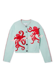 Coastal Fashion Knit Octopus Graphic Contrast Piping Button Up Loose Cardigan