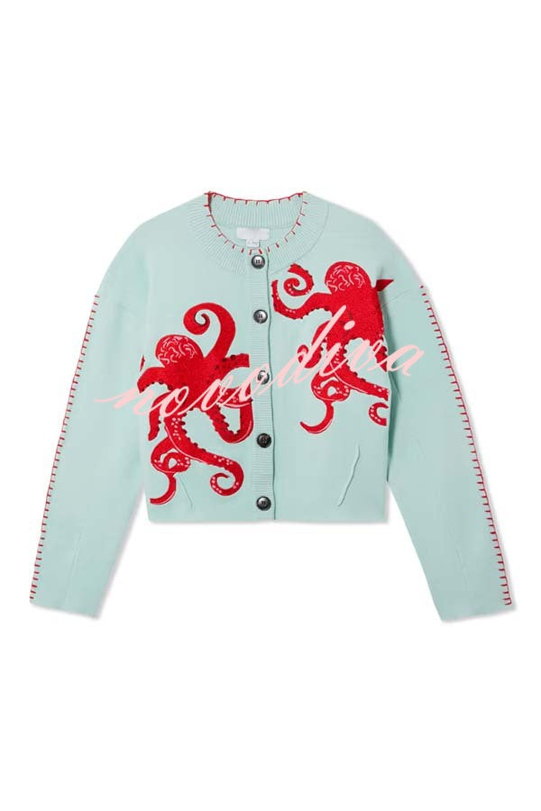 Coastal Fashion Knit Octopus Graphic Contrast Piping Button Up Loose Cardigan