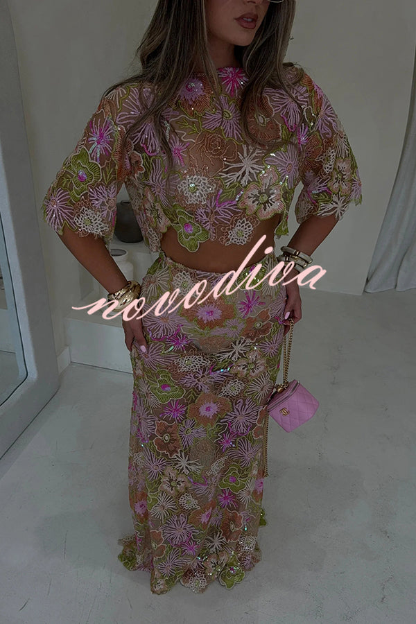 Fashionable Embroidered Flower Sequined Crop Top and Elegant Sheer Maxi Skirt Set