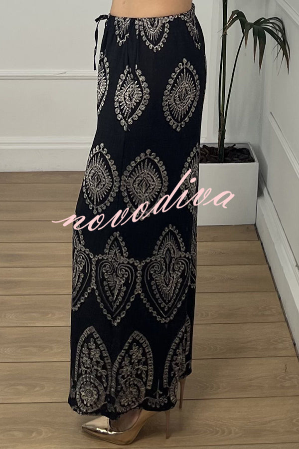 Unique Print Elastic Waist Casual Pocket Wide Leg Pants