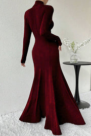 Solid Color High-neck Long-sleeved Slim-fit Fishtail Elegant Maxi Dress