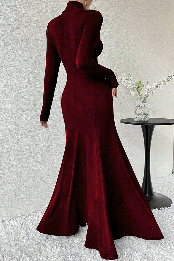 Solid Color High-neck Long-sleeved Slim-fit Fishtail Elegant Maxi Dress