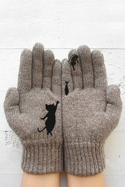 Printed Knitted Gloves Short Thickened Warm Finger Gloves-Cat