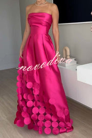 Luxurious Poise Satin Spliced mesh Polka-dot Fabric Off Shoulder Formal Maxi Dress