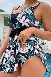 Cheerful Floral Print Bow Detail Tankini Swimsuit Set