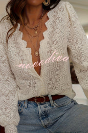 Fashionable Openwork Lace Long-sleeved V-neck Elegant Shirt