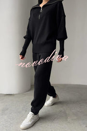 Solid Color Long-sleeved Zip-up Sweatshirt and Elastic Waist Loose Pocket Pants Set