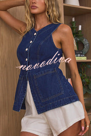 Fashionable Casual Slim Fit Button Pocket Denim Vest