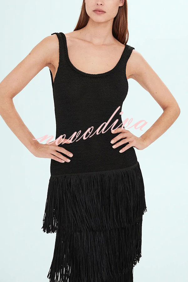 Solid Color Sleeveless Slim Fit Fringed Hem Knitted Midi Dress