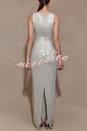 Holiday Nights Sequin Boat Neck Sleeveless Slit Maxi Dress