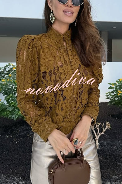 Palace Style Crochet Flower Lace Stand Neck Button Puff Sleeve Jacket