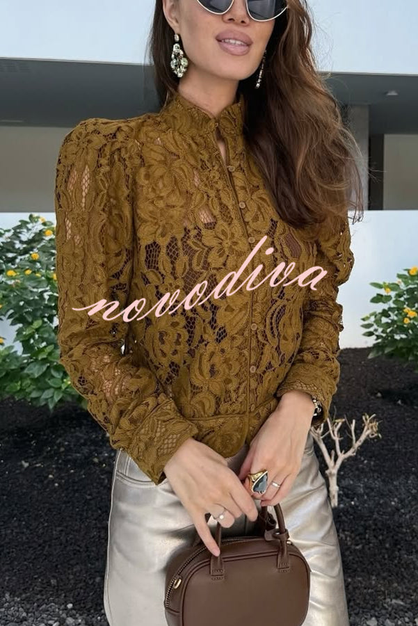 Palace Style Crochet Flower Lace Stand Neck Button Puff Sleeve Jacket