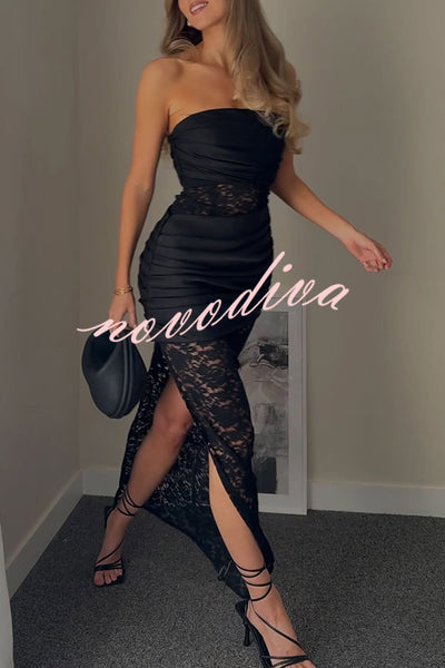 Dulcie Lace and Satin Patchwork Asymmetrical Pleats Bandeau Maxi Dress