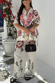 Fiji Ethnic Unique Printed Casual Shirt and Elastic Waist Wide Leg Pants Set