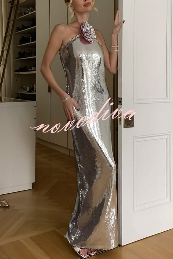 Moonlit Blooms Sequin Floral-appliqué Halter Neck Slit Gown Maxi Dress