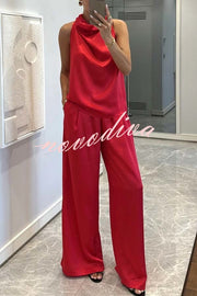 Classic on You Satin High Cowl Neck Top and Elastic Waist Pocket Loose Pants Set