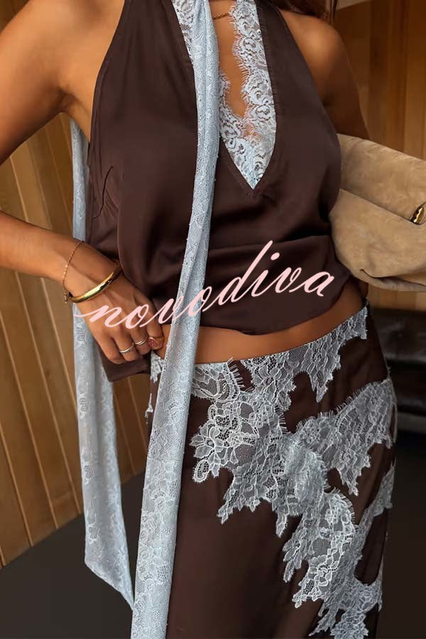 Sunday Social Contrast Color Satin Lace Trim Mid Rise Maxi Skirt
