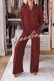 Weather Gets Cold Solid Color V-neck Top and Elastic Waist Pocketed Lounge Pants Set