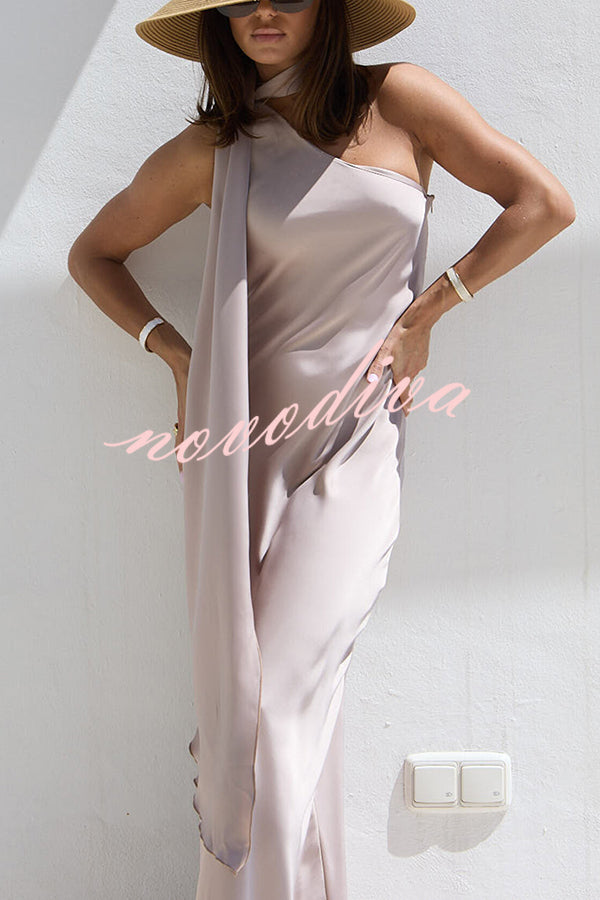 Cheers Babe Satin Solid Color Elegant One Shoulder Tie Maxi Dress