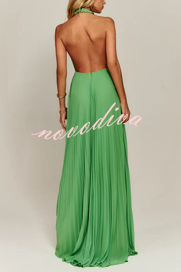 Gabie Chiffon Pleated Braided Halter Neck Backless A-line Maxi Dress