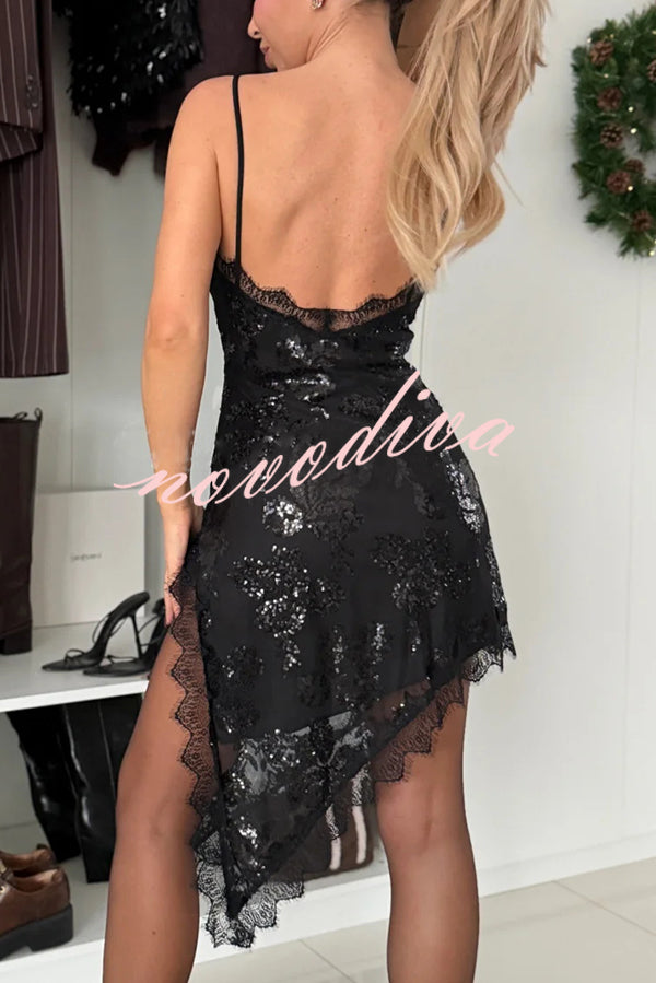 Charming and Romantic Floral Sequin Lace Trim Irregular Slit Hem Slip Mini Dress