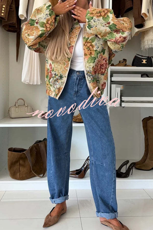 Floral Print Loose Long-sleeved Zip-up Jacket